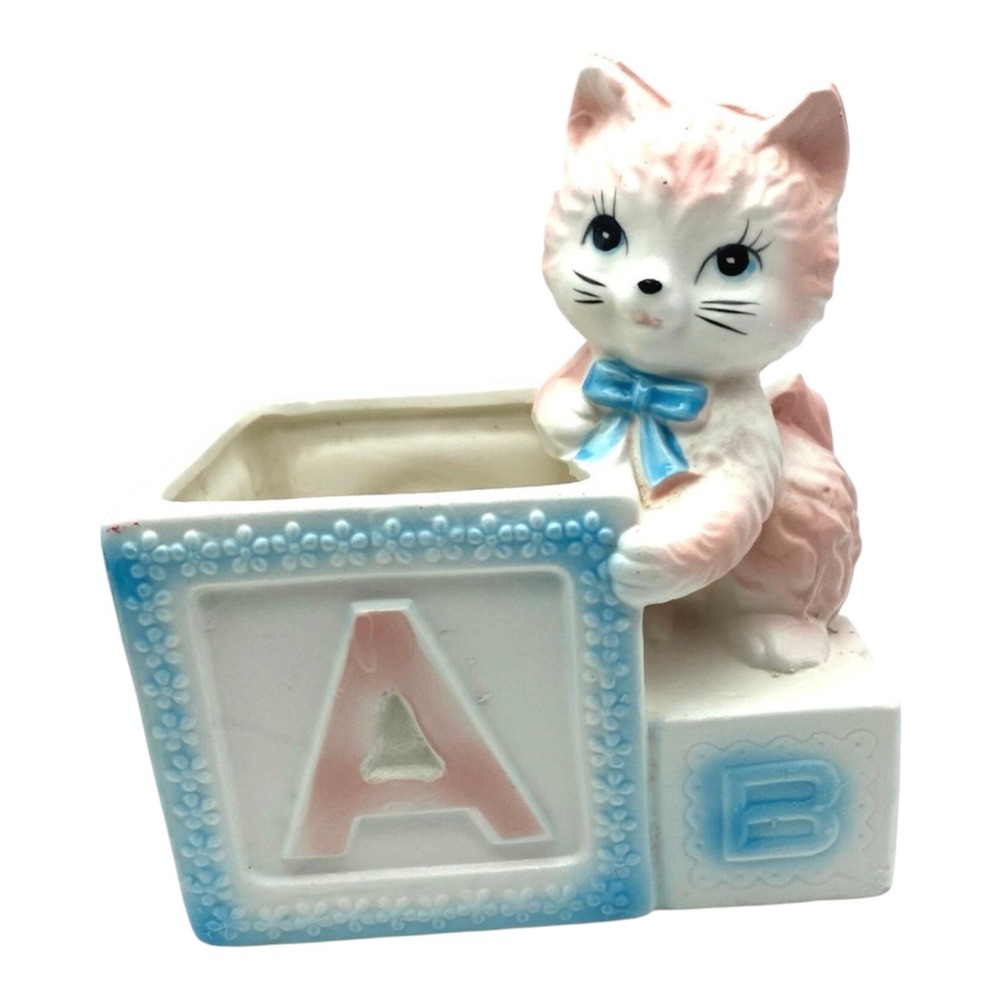 Vintage Relpo Pink Kitten ABC Block Planter  Ceramic Nursery Decor Japan 5805